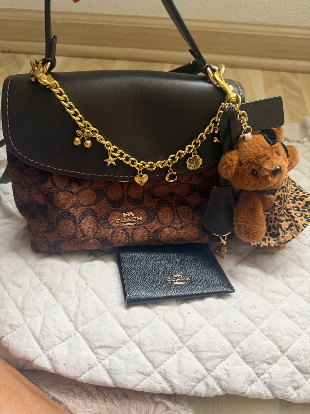 Coach Brown Signature Canvas and Leather Shoulder Bag with Gold Charm Chain